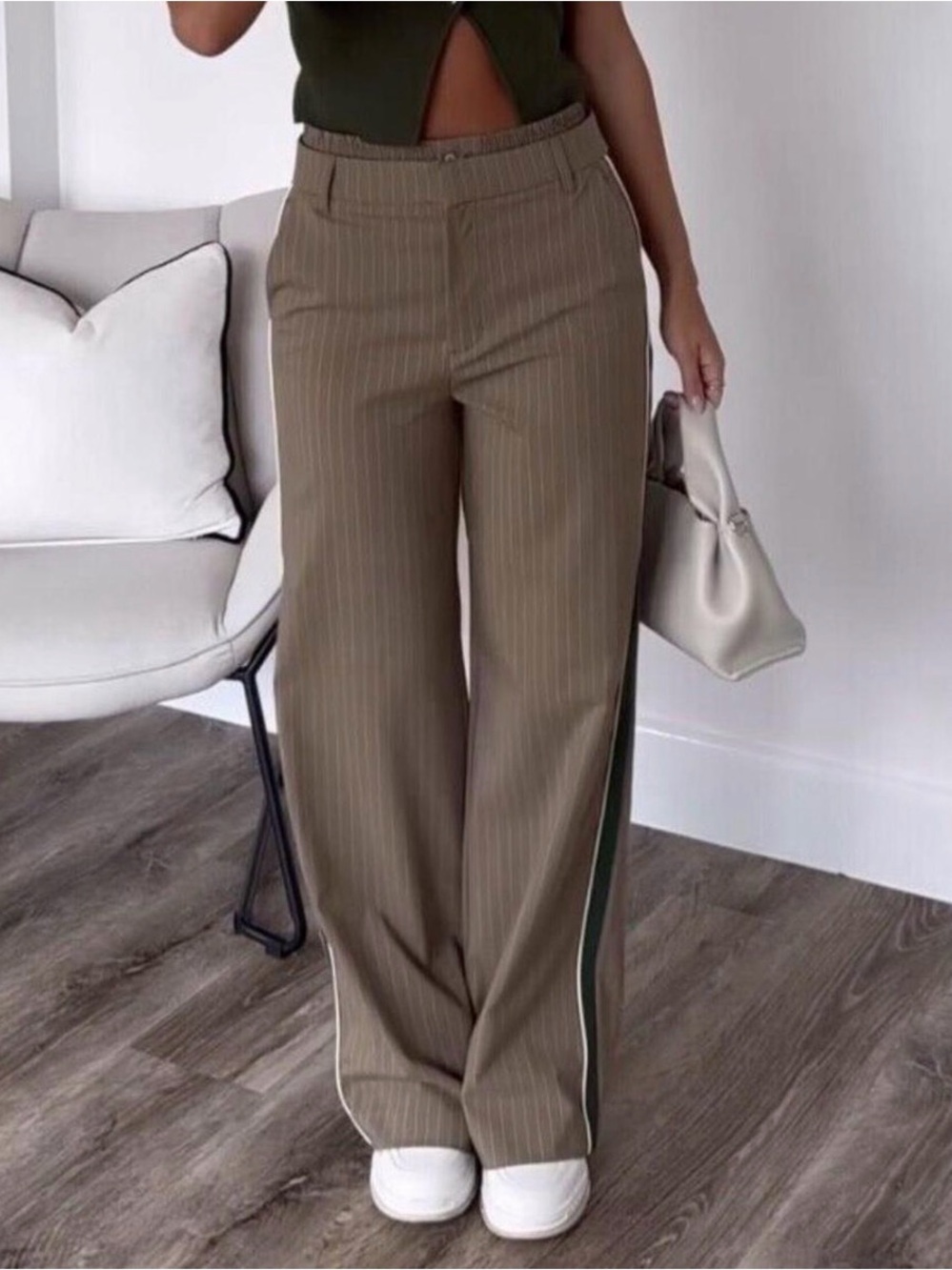 Zara tan Pinstripe Wide-Leg Trousers with Side Stripe